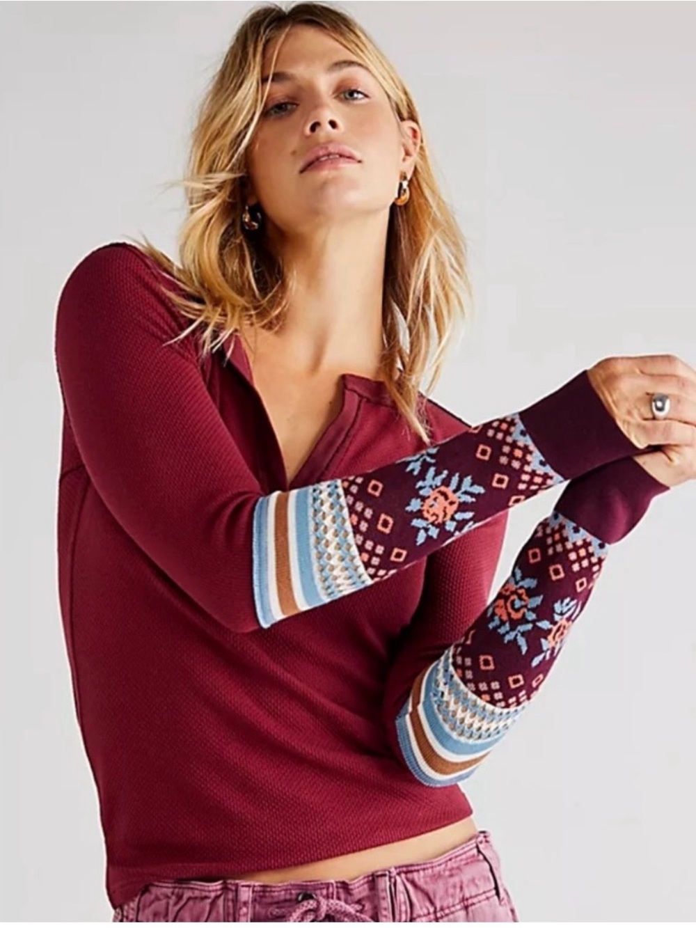 Free People Burgundy Mikah Layering Long Sleeve Henley with Patterned Cuffs